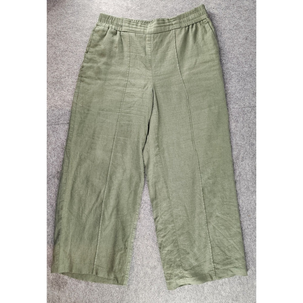 Nine West Green Linen Blend Pull-On Cropped Wide Leg Pants Womens Small